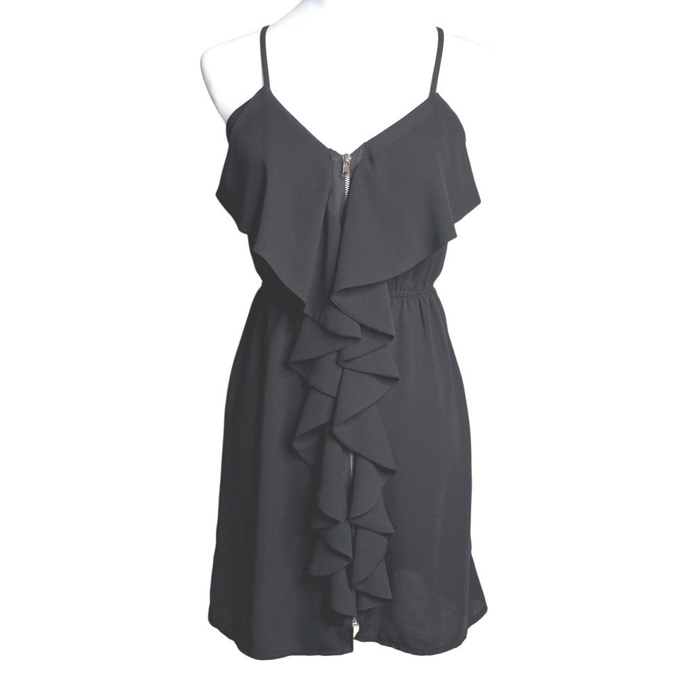 Alya ID6090 Ruffle Front Zipper Chiffon Black Women Dress S